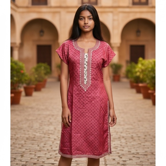 Pink Embroidered Traditional Kurta Tunic - Picture 1 of 16